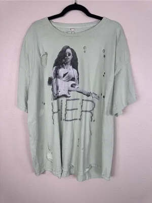 H.E.R. Green Distressed Tee Shirt Womens 2X Casual Band T Oversized Short Sleeve thumbnail 8