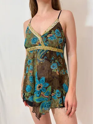 Y2K Floral Gold Embellished Brown and Blue Fairy Cami Tank Top thumbnail 4