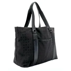 Bvlgari "Logo Mania" Black Signature Print Canvas Tote Bag With Leather Trim thumbnail 3