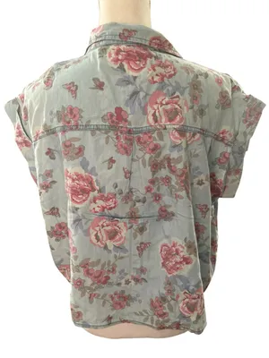 Highway Jeans Light Blue Button-Front Floral Tie Hem Shirt thumbnail 4