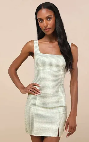 Lulus Happy Chance Sage Green Gingham Square Neck‎ Mini Dress Size Medium thumbnail 1