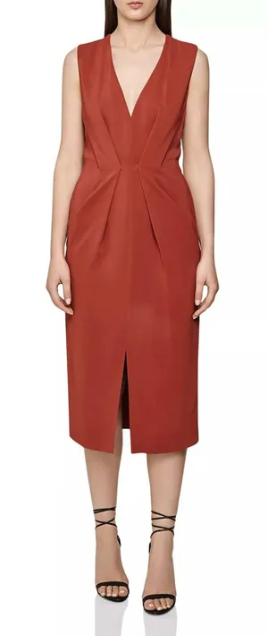 REISS Gracie Pleat Detailed Midi Dress‎ Rust Orange US 10 thumbnail 1