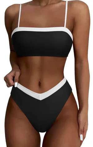 SUUKSESS Women Bandeau High Waited 2 Piece Bikini Set Cheeky High Cut Black S thumbnail 1