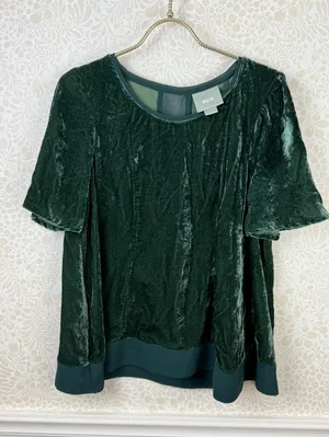 Maeve by Anthropologie Dark Green Crushed Velvet Short Sleeve Top - Size - Large thumbnail 6