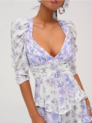 New For Love & Lemons Rosalyn Mini Dress White Lilac Floral Women Size Large thumbnail 3