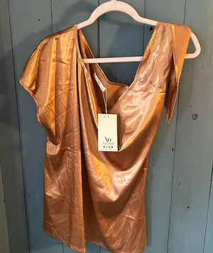 NWT Vidussa Caramel Brown Silky Off The Shoulder Blouse, Sz Large thumbnail 1