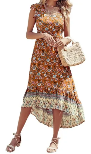 PrettyGarden Ruffle Cap Sleeve Floral Hi-Low Maxi Dress‎ Brown Size XXL (18) thumbnail 1