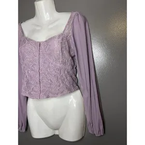 Kirious Blouse Womens Medium Purple Lace Square Neck Long Sleeve Cropped Top thumbnail 4