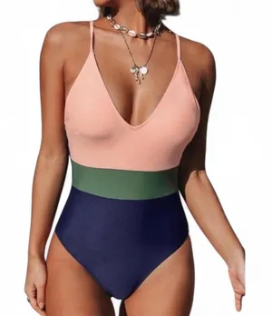 Cupshe OnePiece Swimsuit SzXL Colorblock Peach/Olive/Navy Beach/Pool/Resort Wear thumbnail 1
