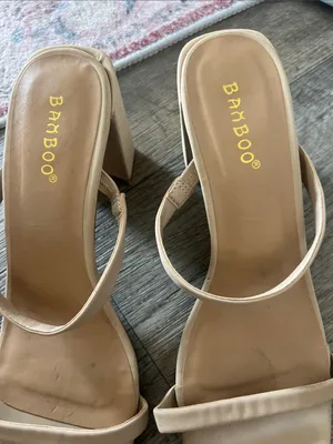 BAMBOO Beige Strappy Square-Toe Block Heels thumbnail 3