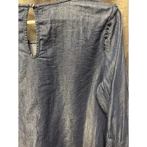C Women's Blue Solid Denim Blouse M Round Neck Long Puff Sleeve Smocked Cuff New thumbnail 9