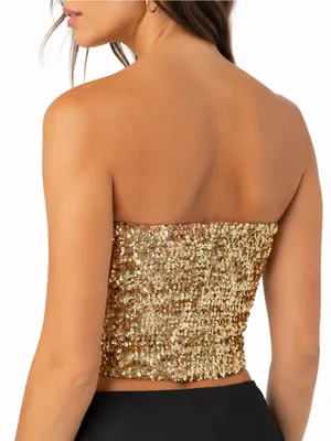 Gold Sequin Paillette Tube Top One Size S M Stretch Strapless Crop Party Y2K thumbnail 4