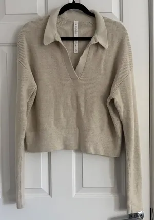 Lululemon Collared Merino Wool Blend Sweater Size L Heathered Bone Cropped thumbnail 1