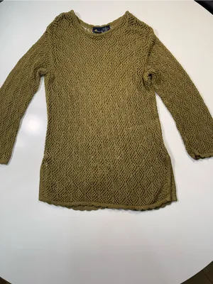 Liz Sport Linen Cotton BlendSheer Olive Green Open-Knit Long Sleeve Swim Coverup thumbnail 2