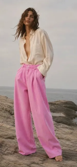 AVEC LES FILLES High Waist Wide Leg Jeans Bubble Gum Pink pleated SZ-30 thumbnail 1