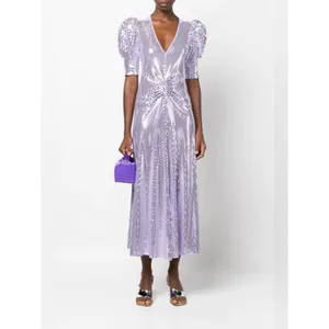 NWT ROTATE Birger Christensen Sierina Sequin Puff Sleeve Ruched Dress Lavender 0 thumbnail 5