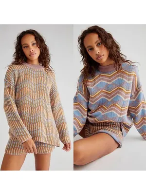 Free People Beach Malibu Pattern Textured Oversized Crew Neck Sweater Boho thumbnail 2