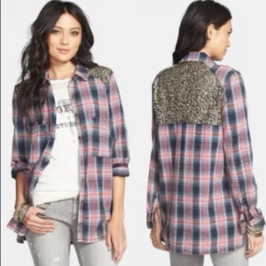 Free people little bit of sugar red plaid sequin flannel shirt thumbnail 4