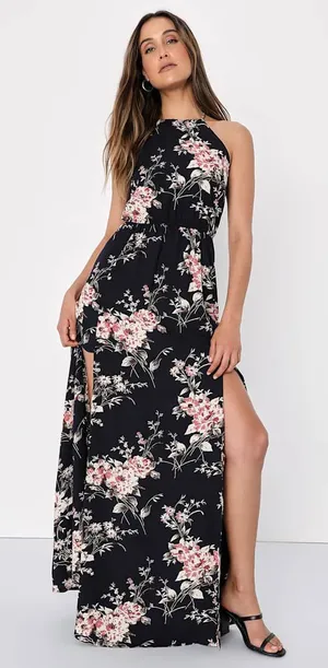 Lulus Feel the Music Midnight Blue Floral Print Halter Maxi Dress NWOT S thumbnail 1