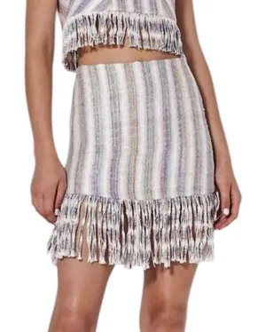 Alexis Vichy Silk Blend Fringe Mini Skirt Neutral Stripe Resort Vacation Size S thumbnail 1