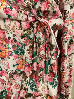 Rococo Sand Vie Floral Ruffle Mini Dress New Size Large Beaded Tie Resortwear thumbnail 7