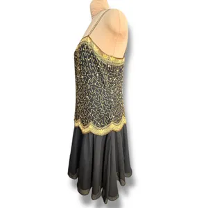 Vintage Beaded Black Gold Drop Waist Metallic Sequin Cocktail Dress Sleeveless 4 thumbnail 5