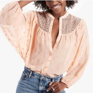 Lucky Brand Button Down Blouse Embroidered Crochet Women's Size XS Pink Peach thumbnail 1