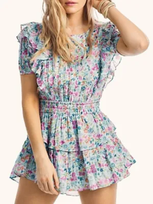 LoveShackFancy 100% Cotton Smocked Ruffle Mini Dress Blue & Pink Floral Size XS thumbnail 1