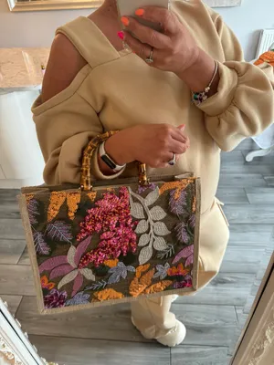 Embroidered Floral Tote Bag with Bamboo Handles - Beige thumbnail 5