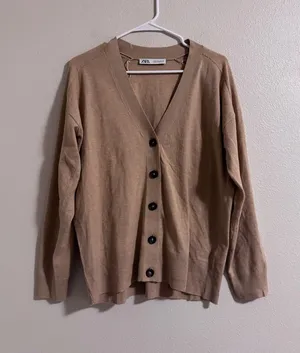 Zara Camel V-Neck Button Cardigan thumbnail 1