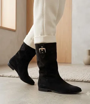 ALDO Black Leather Round Toe gold buckle Pull On Mid Calf Boots Women’s Size 10 thumbnail 1