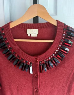 Kate Spade Red Wool Cashmere Beaded Cardigan Women's Size: L thumbnail 3