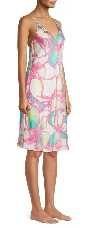Natori Taisho Print Satin Slip Dress nightgown vneck midi floral thumbnail 1