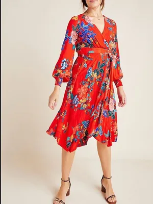 Anthropologie Boswell Textured Red Floral Surplice Neckline Faux Wrap Dress 0P thumbnail 2