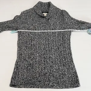LL Bean Black Marled Pullover Cable V Neck Shawl Collar Cotton‎ Sweater SMALL thumbnail 6