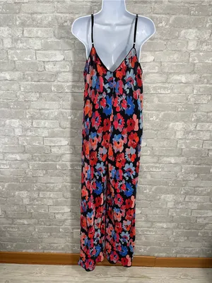 Dee Elly Pleated Floral Wide-Leg Jumpsuit in Black with Red & Blue Flowers thumbnail 4