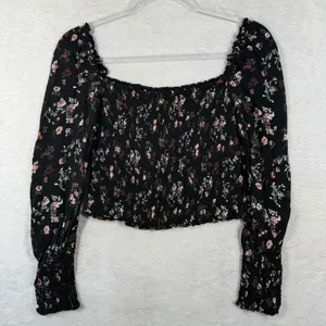 Reformation Black Floral Smocked Crop Top Square Neck Long Sleeve Small thumbnail 7