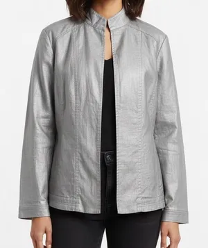 Additions by Chico's Linen Blend Silver Jacket Sz 2 Medium Hook Eye‎ Closure thumbnail 1