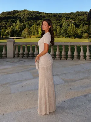 COMMENSE Short Sleeve Crochet Knit Mermaid Maxi Dress Khaki Gold Size S NWT thumbnail 13