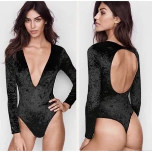 Victoria’s Secret velour long sleeve plunge open back thong bodysuit, size M/L thumbnail 2