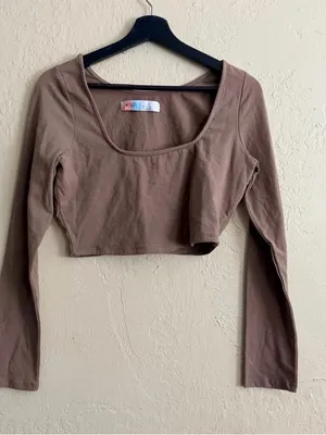 Free People Cropped Long Sleeve Scoop Neck Top - Brown thumbnail 1