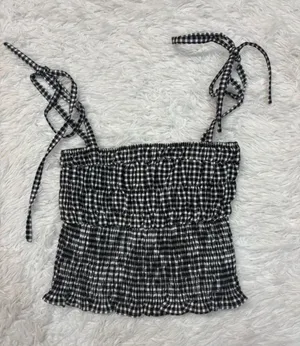 Superdown Smocked Gingham Tie-Strap Crop Top - Black/White thumbnail 1