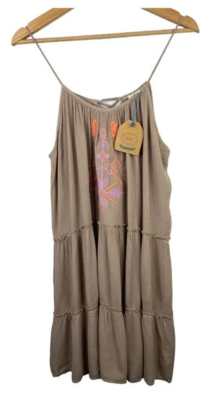 Kori Women M Tan Aztec Embroidered Tiered Feminine Boho Mini Dress NWT Festival thumbnail 1