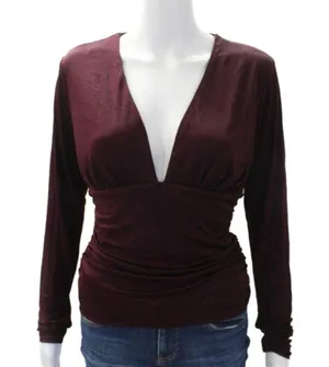 NWT Reformation Ines Knit Top in Wine V-neck Long Sleeve Ruched Blouse M thumbnail 7