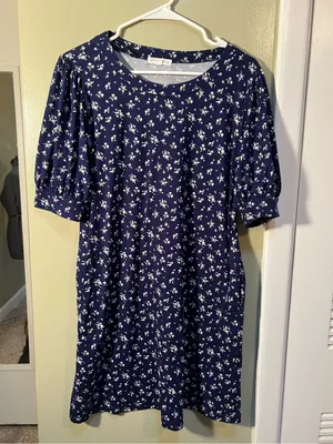 Socialite Womens Sz Small T-Shirt Dress Navy Blue White Floral Short Puff Sleeve thumbnail 2