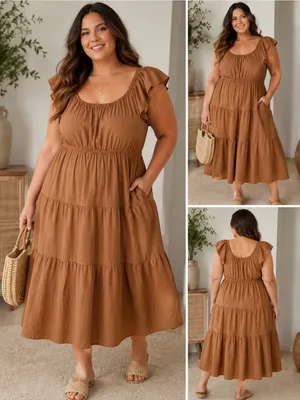 Skies Are Blue Curvy 2X Camel Brown Tiered Midi Dress Flutter Sleeve NWT thumbnail 2