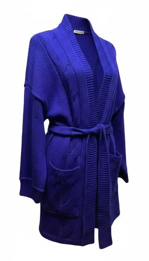 POL chunky cable knit sweater Long open front Belted cardigan Royal Size M/… thumbnail 1