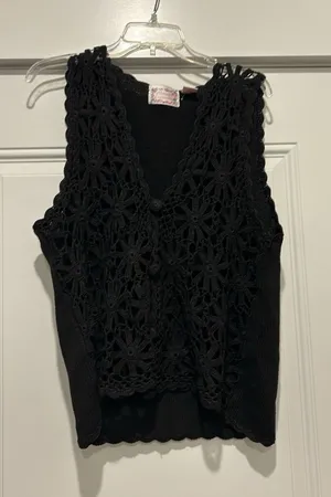 Vintage Boho Festival Black Crocheted Vest Size Medium Witchy Gothic Whimsygoth thumbnail 1