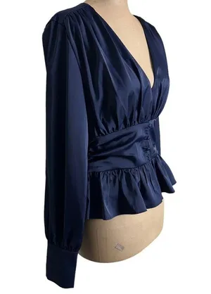 Jason Wu NWT Navy Satin Long Sleeve Corset Waist Blouse size Medium thumbnail 5