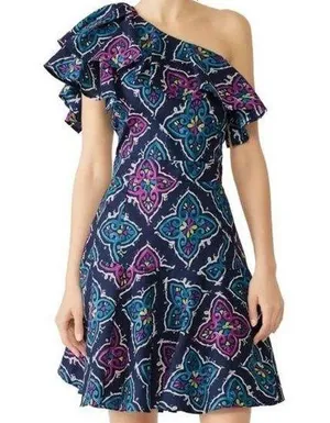 Josie natori premium cotton printed ruffle flare mini off shoulder dress thumbnail 1